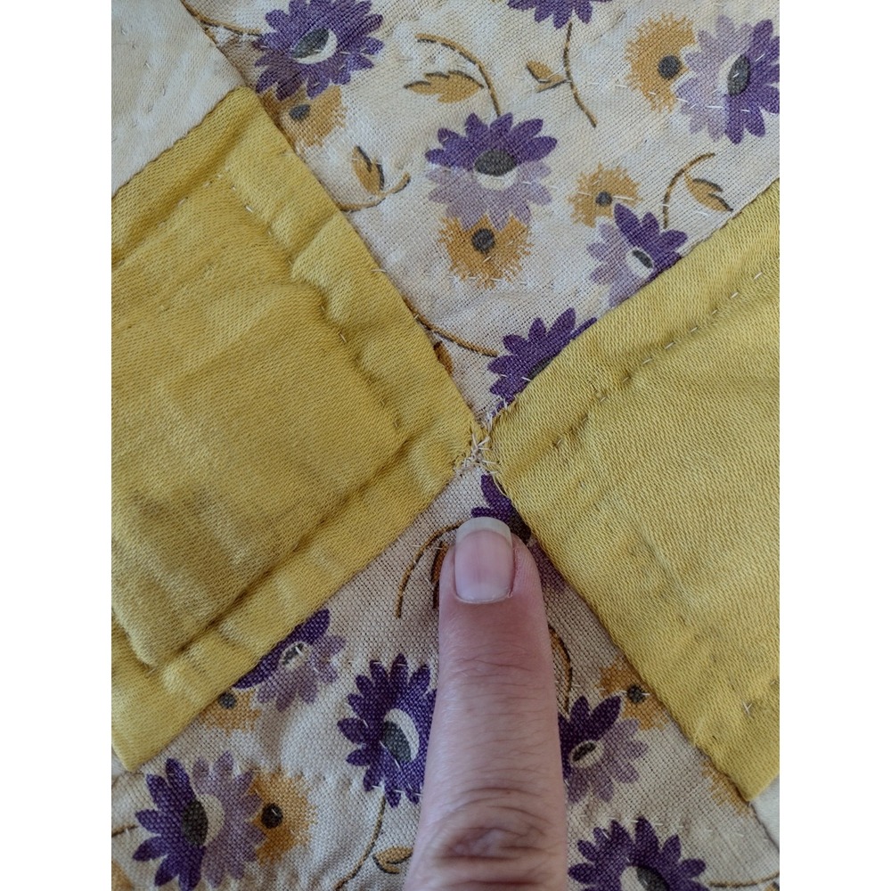 Vtg 30s WINDMILL QUILT Purple Yellow Floral Calico Scalloped Border Hand Quilted - Picture 5 of 10